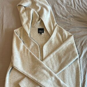 Long, hooded cardigan sweater